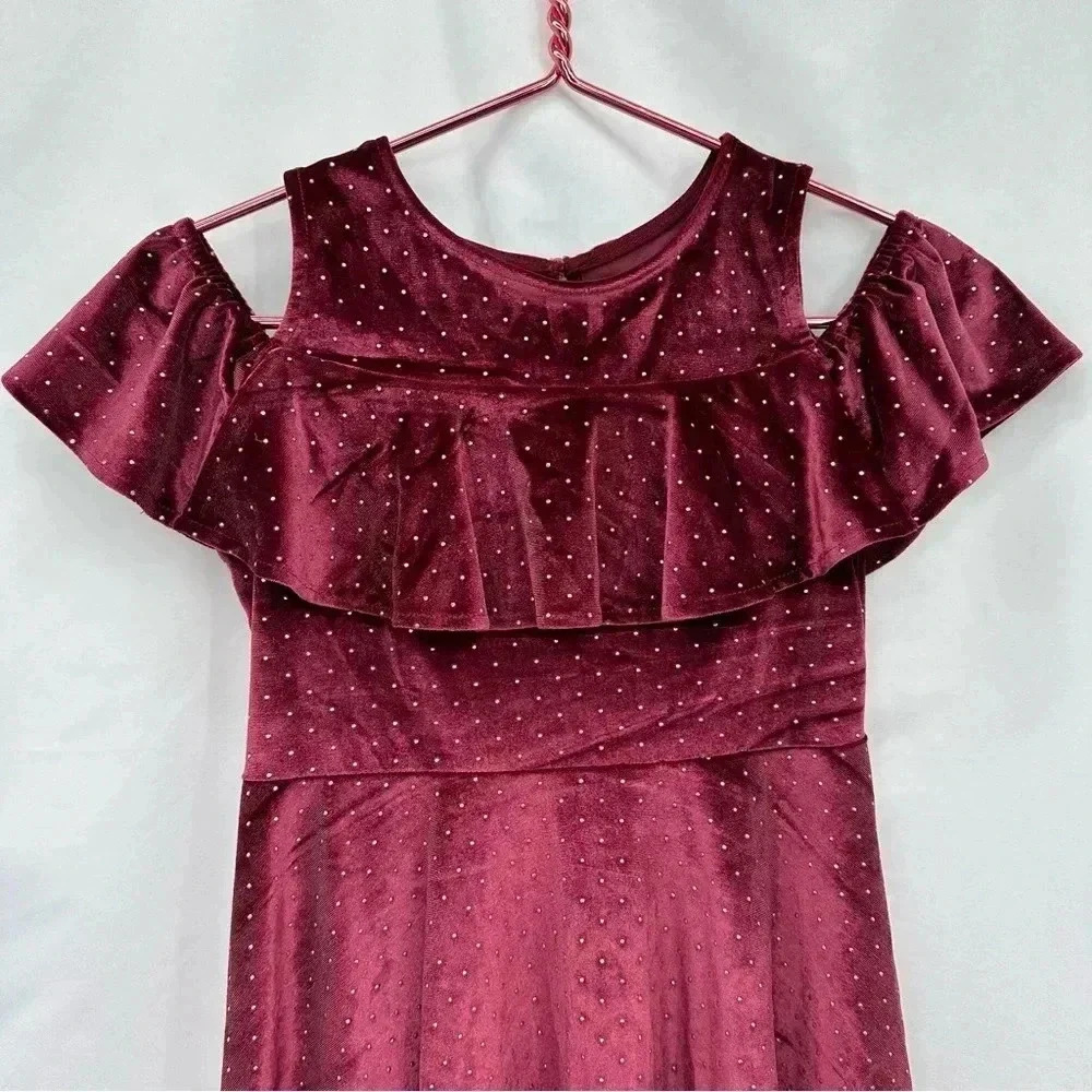 Art Class Girls Velvet Cold Shoulder Dress Medium 7/8 Maroon Party Holiday - Picture 2 of 8